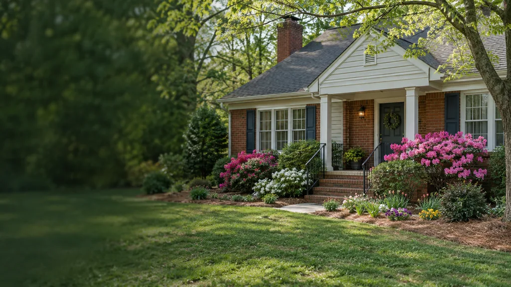 Brick house with a covered front porch, flowering shrubs and pine straw beds along the foundation
