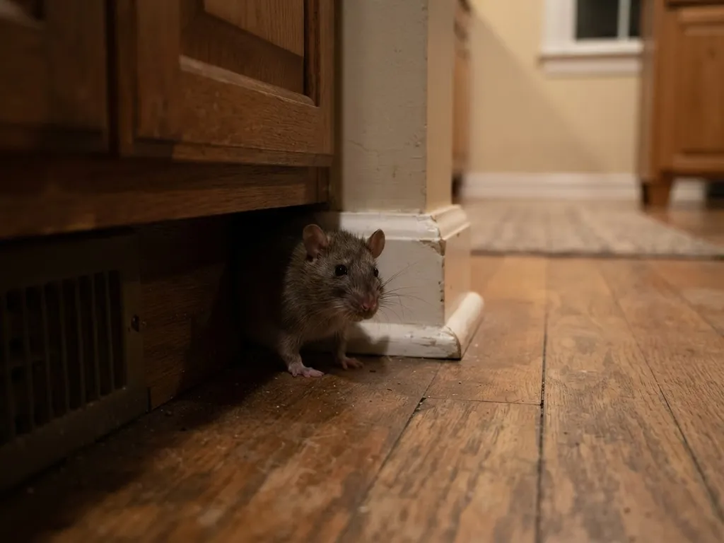 A rat peeking out from a gap where a kitchen cabinet meets the baseboard