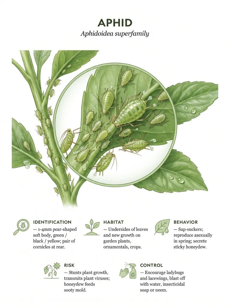 Aphid (Aphidoidea superfamily) identification infographic showing size, habitat, behavior, risk, and control