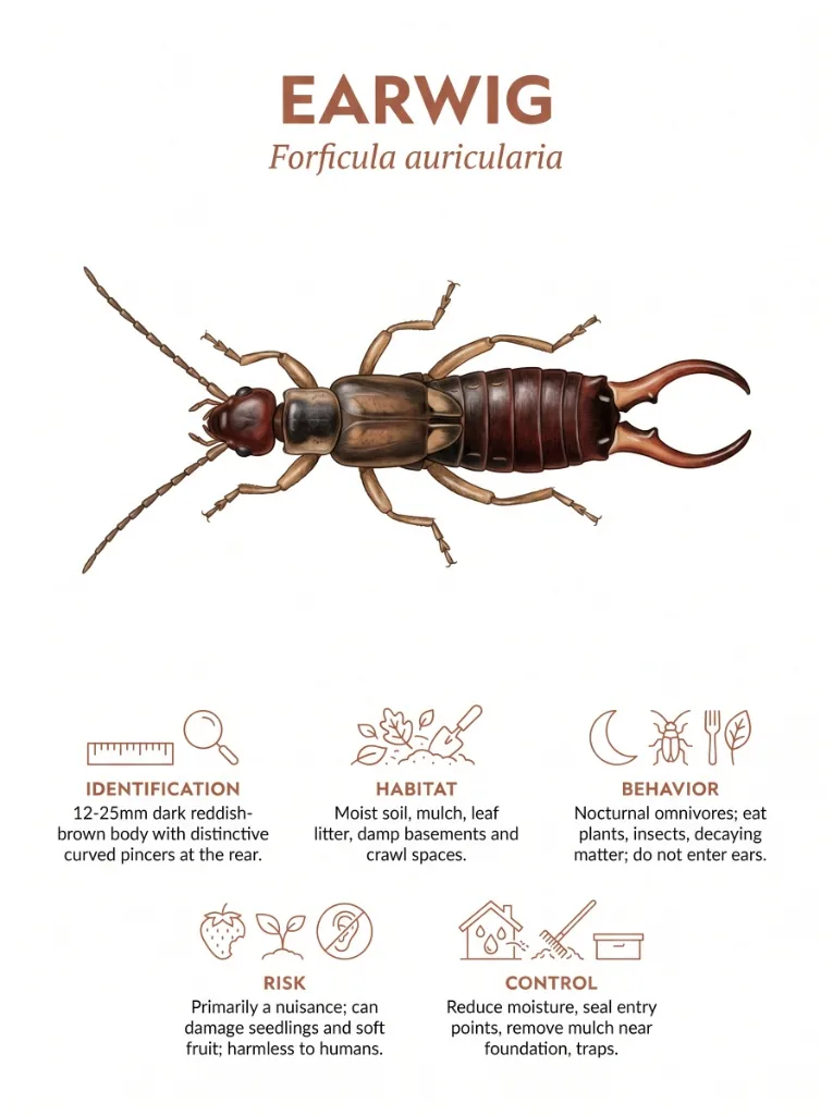 Earwig (Forficula auricularia) identification infographic showing size, habitat, behavior, risk, and control