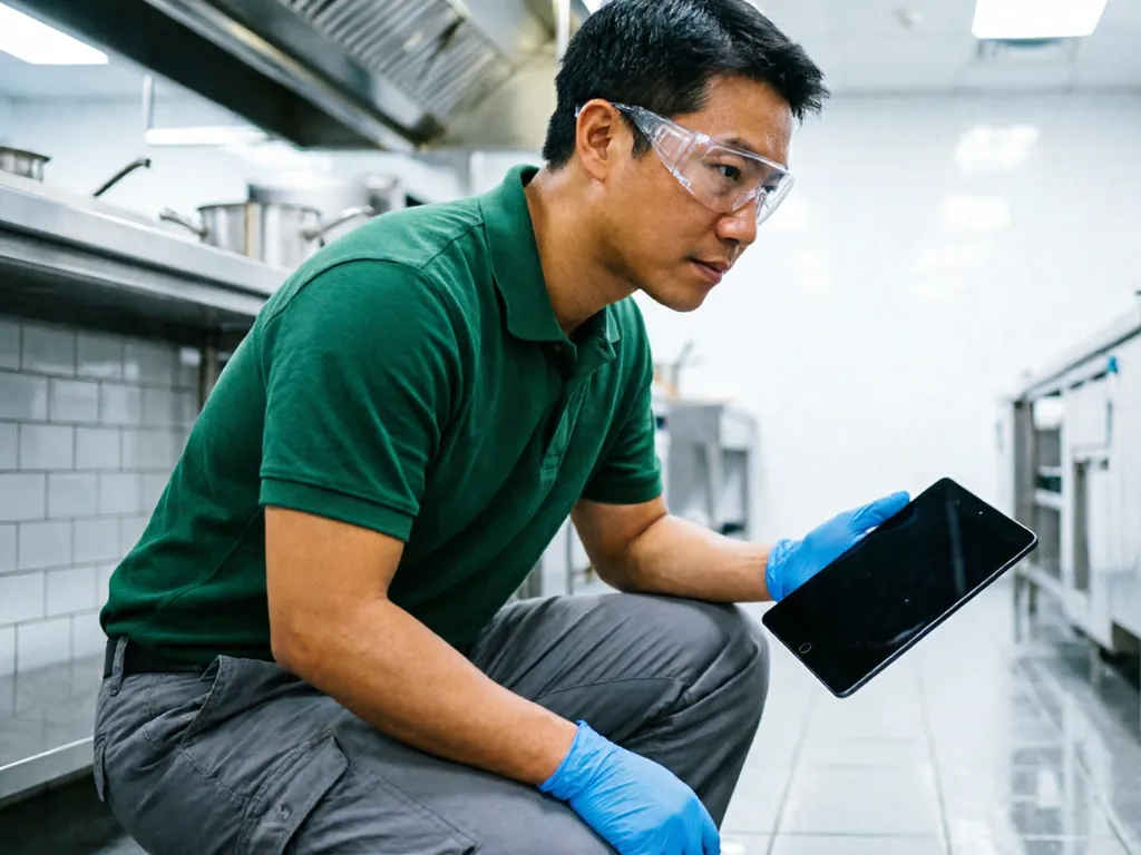 Pest control technician in safety glasses and gloves inspecting under the prep tables of a commercial kitchen