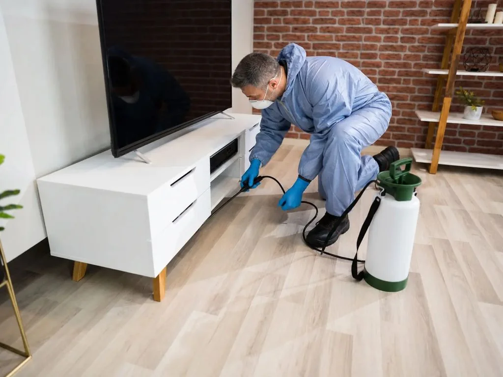 Castle Exterminators technician applying a preventive treatment inside a Durham home